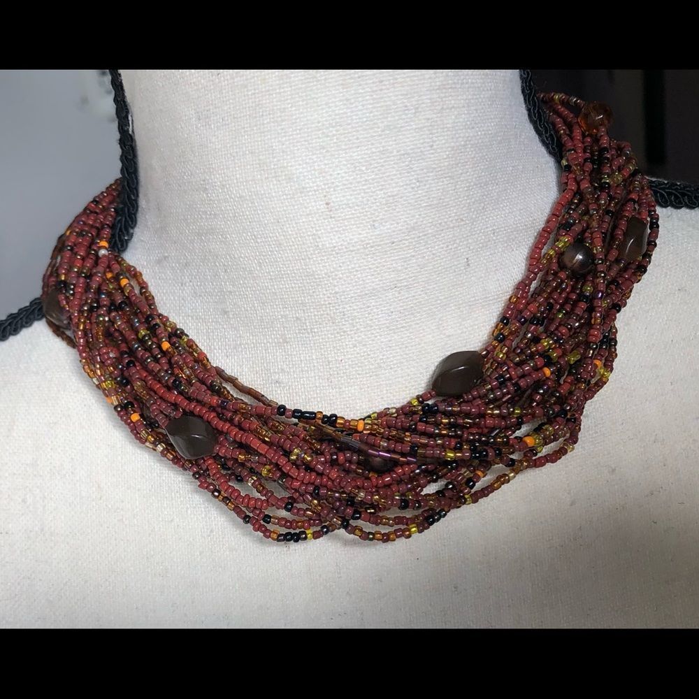 Burnt brown seed bead multi strand necklace